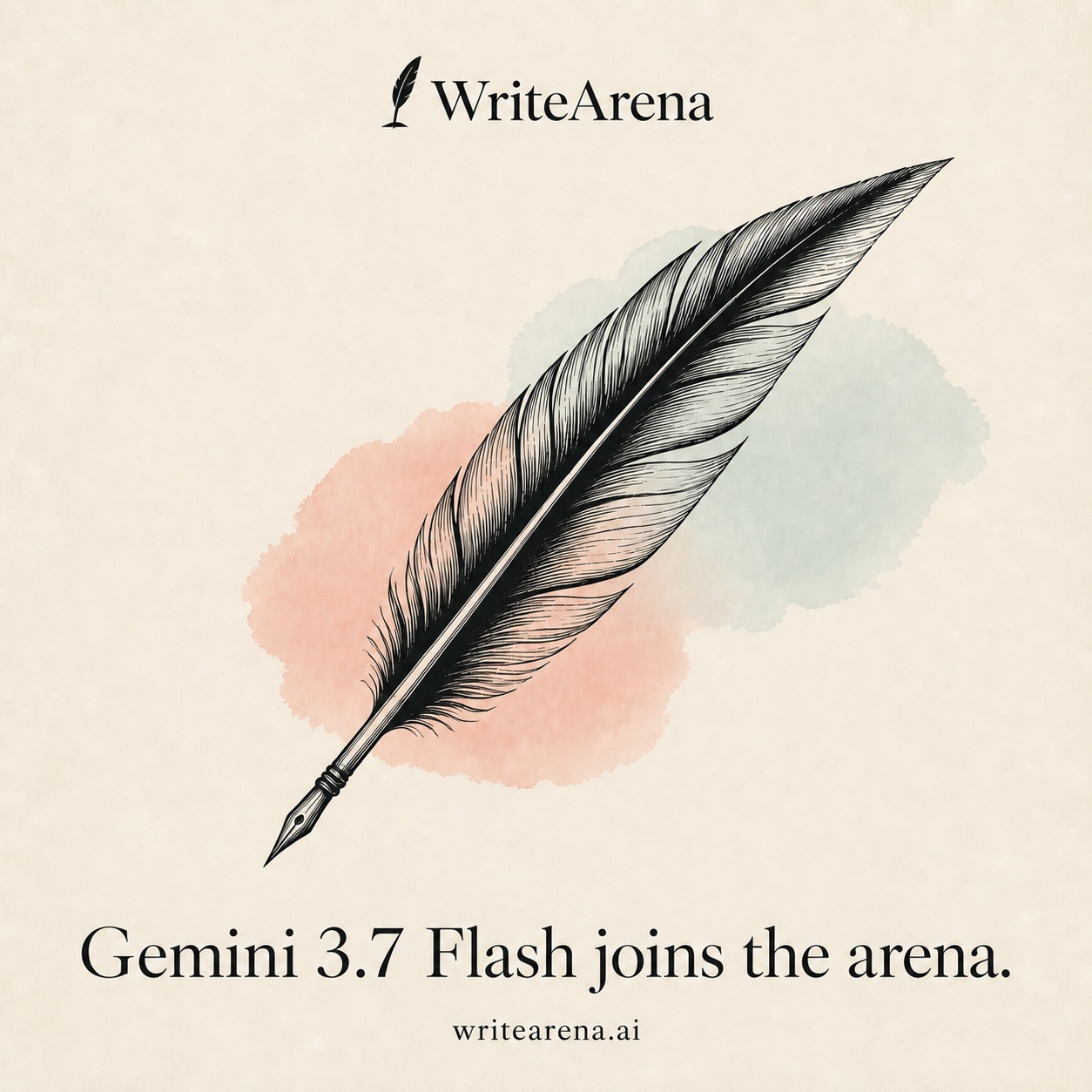An engraved black quill over coral and aqua watercolor with the words Gemini 3.7 Flash joins the arena.
