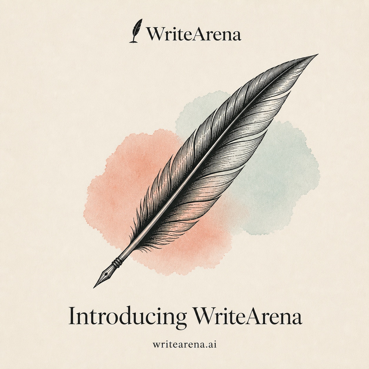 An engraved black quill over soft coral and aqua watercolor with the words Introducing WriteArena.